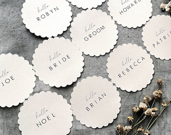 Printed Scallop Round Placecards, Guest Names, Day of Stationery, Weddings, Minimalist. Customised. Printed & Ready to use on the day.