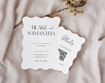 Wave Printed Wedding Invitation, Wedding Stationery, Minimalist. Details card. Rsvp QR Personalised, Printed & Ready for you to send.