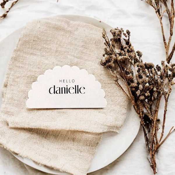 Printed Placecards, Half scalloped Circle. Guest Names, Day of Stationery, Weddings, Minimalist. Printed & Ready for you to use on the day.