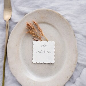 Printed Square scalloped placecard, Guest Names, Day of Stationery, Weddings, Minimalist. Customised. Printed & Ready to use on the day.