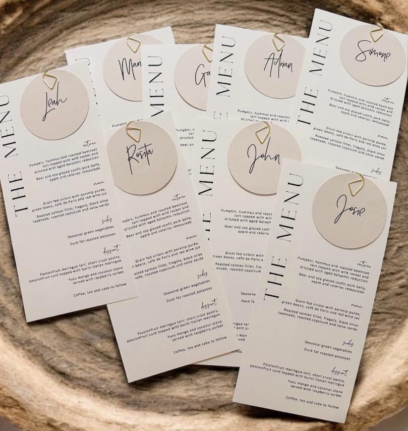 Printed Menu + Placecard, Table Decor, Placecards, Wedding Stationery, Minimalist. Customised to suit. Printed & Ready to use on the day.