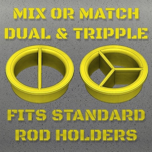 K&ouml;nnte beinhalten: Zwei gelbe Kunststoffeins&auml;tze f&uuml;r Rutenhalter, einer mit zwei und einer mit drei F&auml;chern, auf grauem Hintergrund. Gelber Text: "MIX OR MATCH DUAL & TRIPPLE FITS STANDARD ROD HOLDERS."