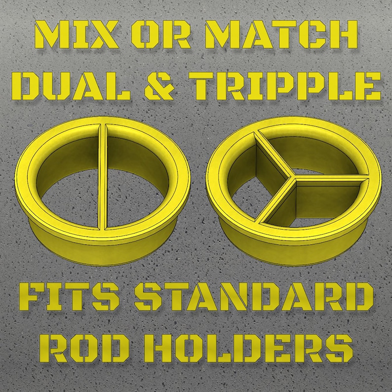 K&ouml;nnte beinhalten: Zwei gelbe Kunststoffeins&auml;tze f&uuml;r Rutenhalter, einer mit zwei und einer mit drei F&auml;chern, auf grauem Hintergrund. Gelber Text: "MIX OR MATCH DUAL & TRIPPLE FITS STANDARD ROD HOLDERS."