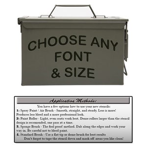 May include: An olive green metal box with a handle and the text "CHOOSE ANY FONT & SIZE" in dark lettering. A smaller white rectangle below details application methods for stencils, including spray paint, paint rollers, sponge brushes, and standard brushes.