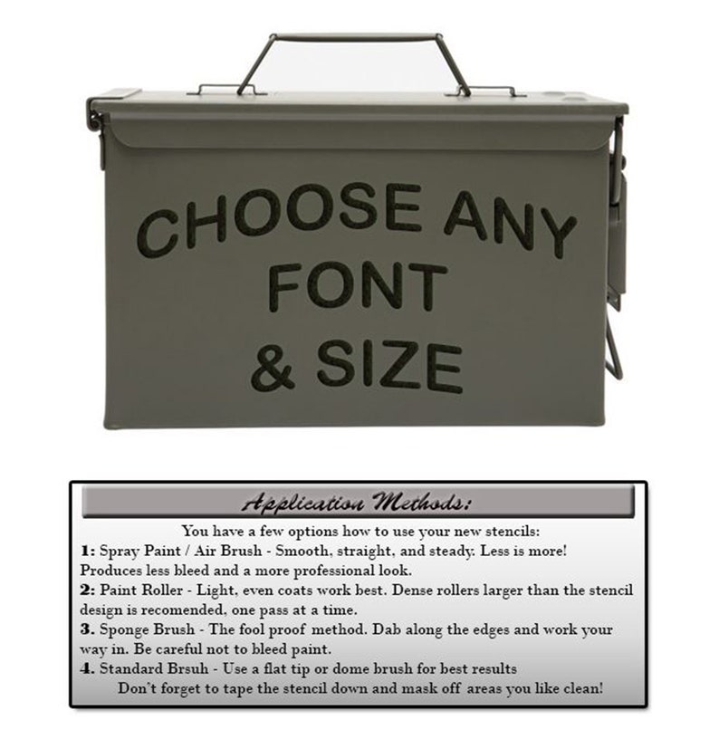 May include: An olive green metal box with a handle and the text "CHOOSE ANY FONT & SIZE" in dark lettering. A smaller white rectangle below details application methods for stencils, including spray paint, paint rollers, sponge brushes, and standard brushes.