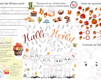 May include: A colorful autumn-themed educational worksheet with the words "Kastanie", "Herbst", and "Wind" to trace. Includes illustrations of fall items like pumpkins, leaves, and children, plus a recipe for apple dip.