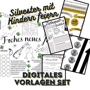 Può includere: Un set di modelli digitali per festeggiare il Capodanno con i bambini. L'immagine presenta varie attività stampabili, tra cui una capsula del tempo, un gioco di memoria e un gioco di bingo. Il design include illustrazioni e testo festosi.