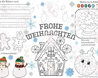 May include: Black and white Christmas-themed activity sheet with a gingerbread house, snowmen, and a snow globe. Includes tracing, coloring, and a maze. Text includes "Frohe Weihnachten" and "Find 5 Differences!"