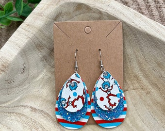 read across America earrings, thing one and thing two, thing 1 thing 2 earrings,teardrop earrings,vegan leather earrings,statement earrings