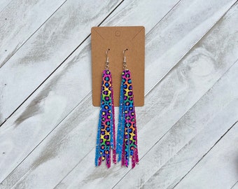 L. Frank inspired faux leather leopard fringe dangle earrings, gift for her, Birthday gift, 90s party ,90s earrings