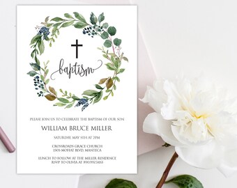 Boy Baptism Invitation, Greenery Baptism Invitation, Greenery Baptism Template, Editable Baptism Invitation, Baptism Invitation, W17