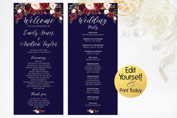 Navy Wedding Program Template Wedding Programs Marsala Etsy