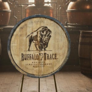 May include: A wooden barrel head with the Buffalo Trace logo, featuring a bison silhouette and the brand name. The barrel is displayed on a stand in a distillery setting, surrounded by other barrels and copper stills.