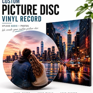 May include: A custom picture disc vinyl record featuring a couple overlooking a city skyline at sunset. The text reads CUSTOM PICTURE DISC VINYL RECORD, UPLOAD AUDIO + PHOTOS, We create your custom picture disc, YOUR PHOTO, YOUR MUSIC, YOUR RECORD.