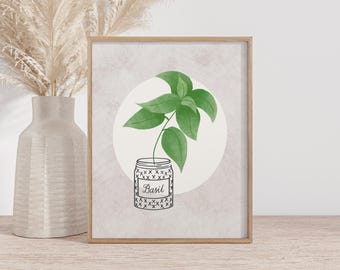 Herb print, herb wall art printable with basil plant for kitchens, kitchen herb print, botanical printable, gifts for gardeners