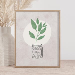 Botanical print with sage plant for kitchens, botanical printable, herb print, kitchen herb print
