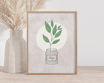 Botanical print with sage plant for kitchens, botanical printable, herb print, kitchen herb print
