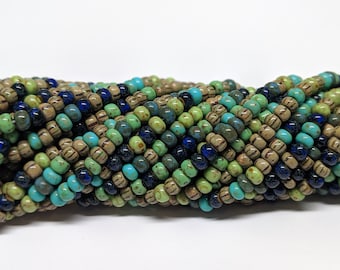 5/0, Aged Rain Forest Stripped Picasso Mix, Round, Aged Czech Glass Seed Beads, 20inch Strand (Approx 145-160 Beads)