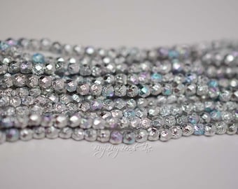 4MM, Silver Ore Etched AB, Round Faceted, Fire Polished Czech Glass Beads - 1 Strand (50 Beads)