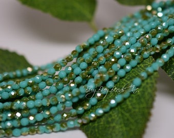 True 2MM, Green Turquoise Celsian, Round Faceted, Fire Polished Czech Glass Beads - 50 Beads