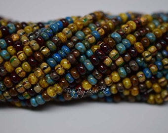 7/0 Aged Seed Beads, Aged Caribbean Blue Picasso Mix, Czech Glass Seed Beads, 20inch Strand (Approx 145-160 Beads)