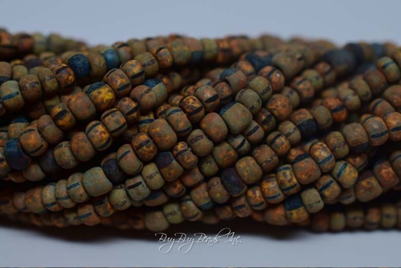 Matted Striped Picasso Mix Round Aged Czech Glass Seed Beads 40 20inch Strand Approx 190-200 Beads
