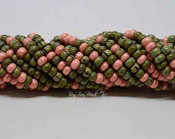 1/0, Pink Alabaster Multi Striped Aged Picasso Mix, Round, Aged Czech Glass Seed Beads, 20inch Strand (Approx 95-99 Beads)