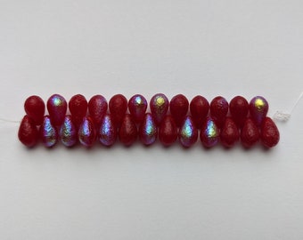 6MMx9MM, Scarlet Etched AB, Tear Drop, Drops Czech Glass Beads - 1 Strand (25 Beads)