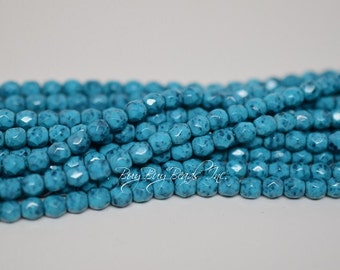 4MM, Mineral Mosaic Turquoise, Round Faceted, Fire Polished Czech Glass Beads - 50 Beads