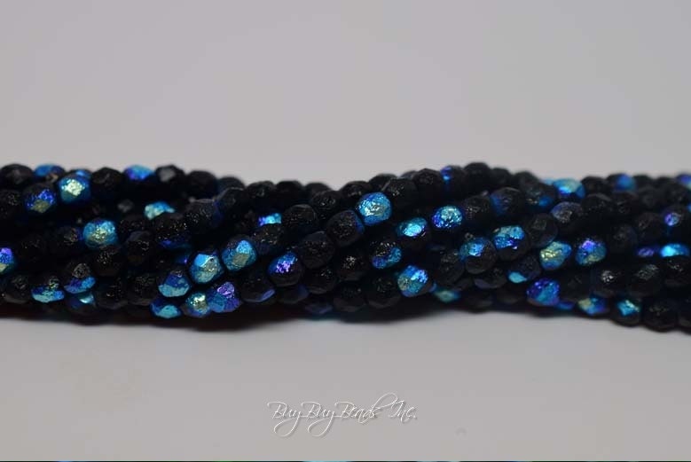 4MM, Black AB Etched, Round Faceted, Fire Polished Czech Glass Beads - 1 Strand (50 Beads)