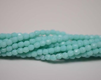 3MM, Light Green Turquoise, Round Faceted, Fire Polished Czech Glass Beads - 50 Beads