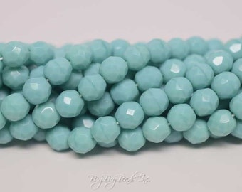 8MM, Green Turquoise, Round Faceted, Fire Polished Czech Glass Beads - 1 Strand (25 Beads)