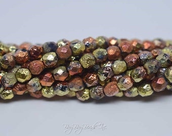 6MM, California Gold Etched, Round Faceted, Fire Polished Czech Glass Beads - 1 Strand (25 Beads)