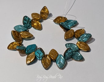 12MMx7MM, Celestial Mix, Leaf Beads, Leaves Czech Glass Beads - 1 Strand (Approx 25 Beads)