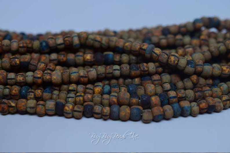 Matted Striped Picasso Mix Round Aged Czech Glass Seed Beads 40 20inch Strand Approx 190-200 Beads