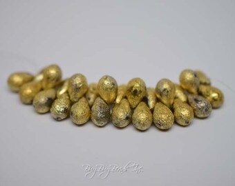 6MMx9MM, Gold Etched, Tear Drop, Drops Czech Glass Beads - 1 Strand (25 Beads)