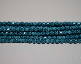 4MM, Turquoise, Round Faceted, Snake Fire Polished Czech Glass Beads - 50 Beads