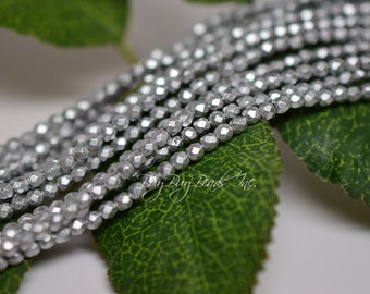 True 2MM, Silky Silver, Round Faceted, Fire Polished Czech Glass Beads - 50 Beads