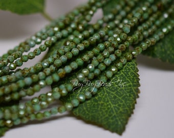 True 2MM, Green Turquoise Picasso, Round Faceted, Fire Polished Czech Glass Beads - 50 Beads