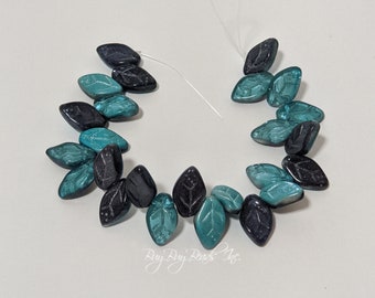 12MMx7MM, Matted Azure Celestial, Leaf Beads, Leaves Czech Glass Beads - 1 Strand (Approx 25 Beads)