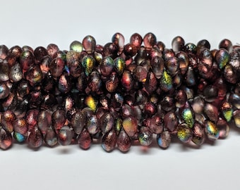 4MMx6MM, Magic Raspberry Etched, Tear Drop, Drops Czech Glass Beads - 1 Strand (50 Beads)