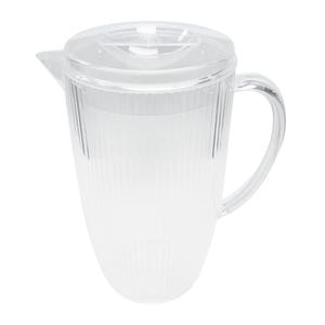 May include: A clear plastic pitcher with a lid and handle. The pitcher has vertical ridges and a spout for pouring. The handle is curved, and the lid is clear. The pitcher is designed for serving beverages.
