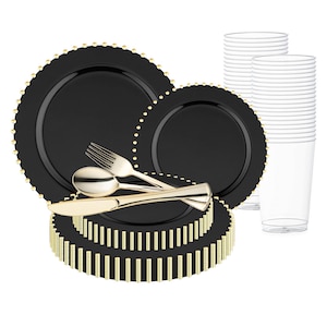 May include: Black and gold plastic dinnerware set with 10.25 inch charger plates, 9 inch dinner plates, clear plastic cups, gold plastic fork and knife, and gold plastic spoon.
