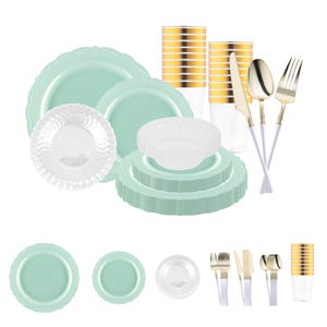 May include: A set of disposable party supplies in mint green and gold. The set includes plates, bowls, cups, forks, knives, and spoons. The plates and bowls have a decorative edge.