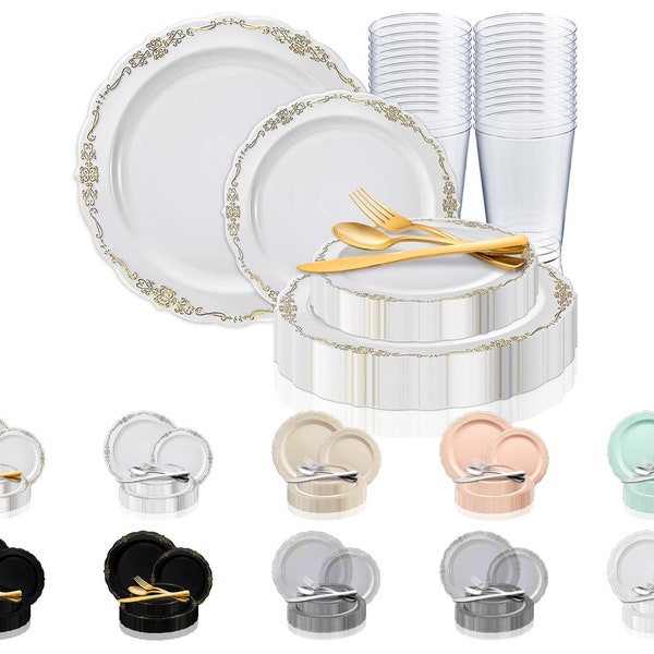 Elegant Vintage Round Disposable Plastic Dinnerware Party Package - Dinner Plates, Salad Plates, Cutlery, Tumblers, Wedding & Party Supplies