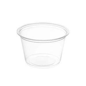 May include: A clear, transparent plastic cup with a slightly flared shape. The cup has a rounded rim and a smooth, clean surface. The cup is designed for single use and is suitable for cold beverages.