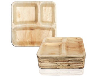 3-Partition Biodegradable Compostable Eco-Friendly Disposable Square Palm Leaf Plates, Natural Wooden Plates, Wedding & Party Supplies