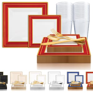 Square Edge Dinnerware Party Package, Disposable Plastic Set - has Dinner Plates, Salad Plates, Cutlery, Tumblers, Wedding & Party Supplies