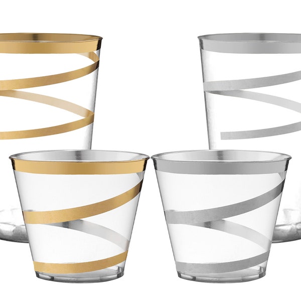 Elegant Clear with Gold or Silver Swirl Round Disposable Plastic Party Cups, Heavy Duty Drinkware, Tumblers, Wedding & Party Supplies