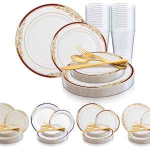 Gold Harmony Dinnerware Party Package, Disposable Plastic Set - Includes Dinner, Salad Plates, Cutlery, Tumblers, Wedding & Party Supplies